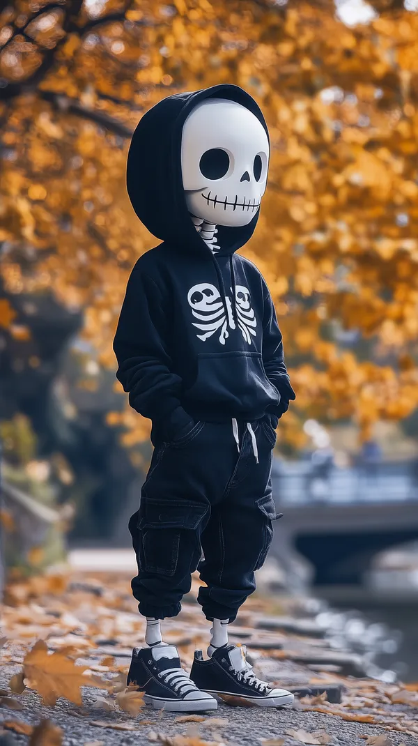 Urban Skeleton Cosplay in Autumn Hoodie Amid Golden Leaves - HD Wallpaper, 4k Background Image