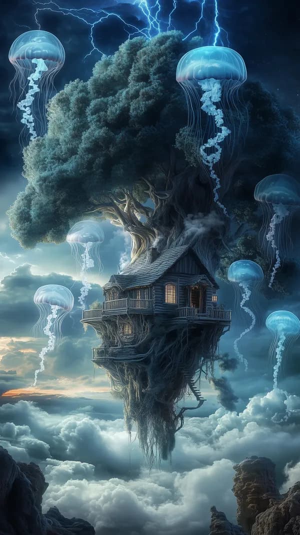 Fantasy Treehouse on a Floating Island Beneath Neon Jellyfish - HD Wallpaper, 4k Background Image