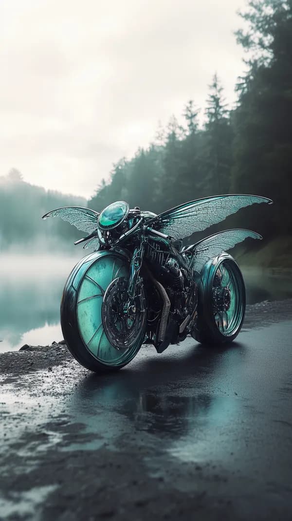 Teal Futuristic Motorcycle with Glass Wings in Misty Forest - HD Wallpaper, 4k Background Image