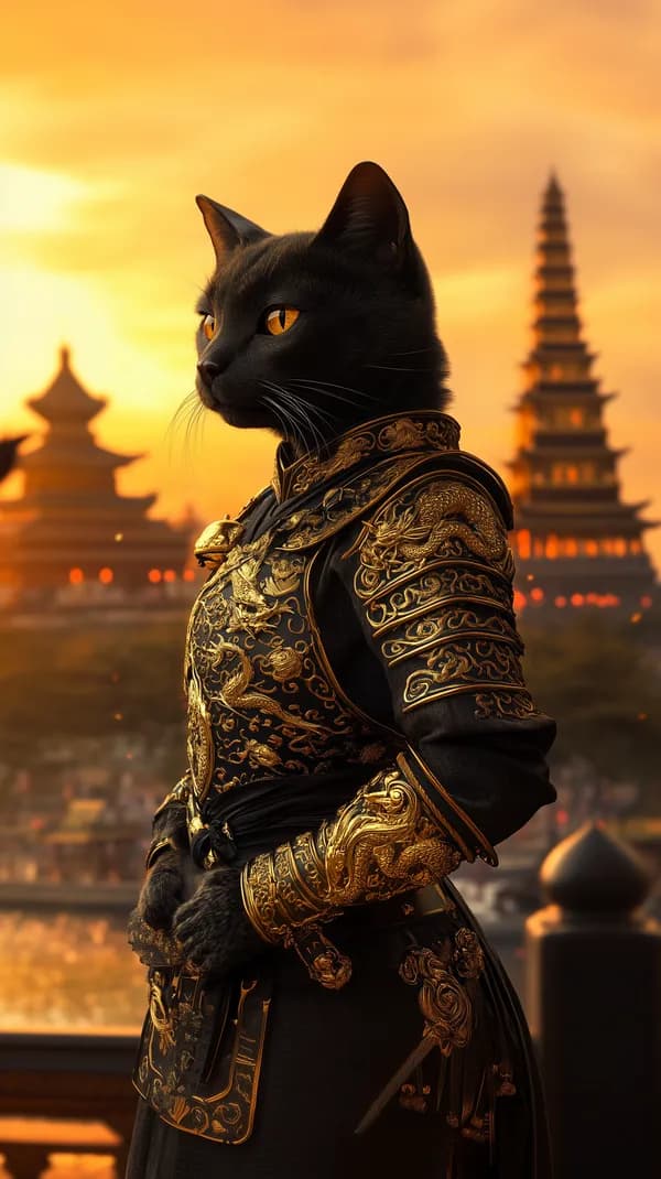 Epic Golden Armor Cat Warrior at Sunset Ancient Temple - HD Wallpaper, 4k Background Image