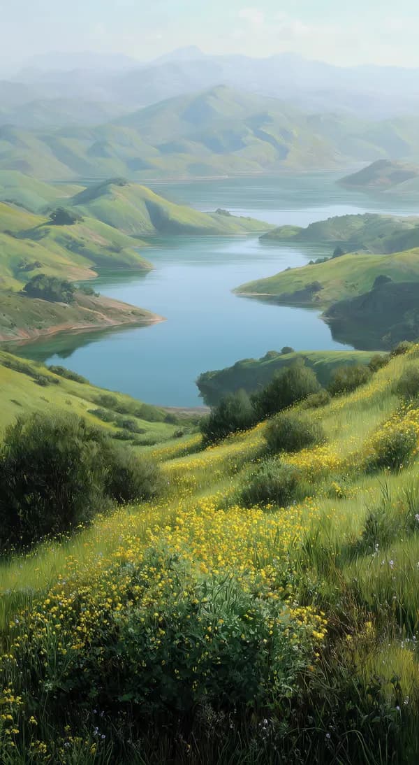 Serene Hillside Lake Landscape with Wildflowers and Distant Mountains - HD Wallpaper, 4k Background Image