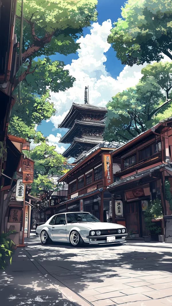 Anime-Style Street Scene with Pagoda in Lush Cityscape - HD Wallpaper, 4k Background Image