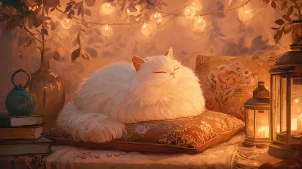 Cozy Fluffy White Cat on Floral Pillow with Warm Fairy Lights - HD Wallpaper, 4k Background Image