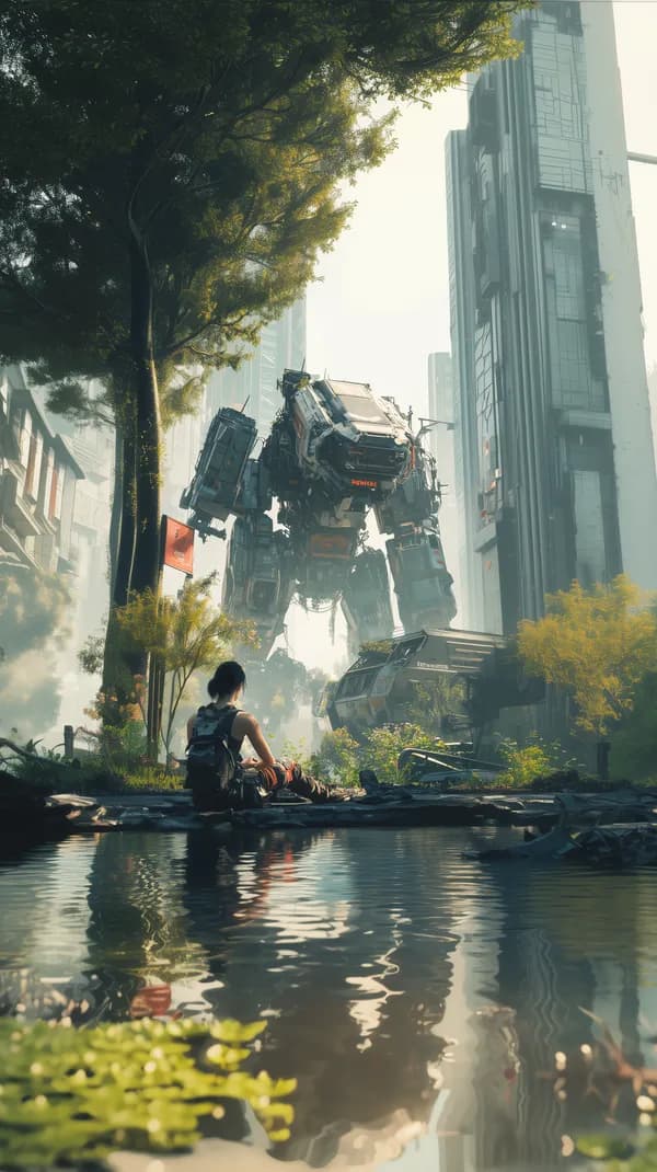 Futuristic Cityscape with Giant Mech and Lone Survivor - HD Wallpaper, 4k Background Image