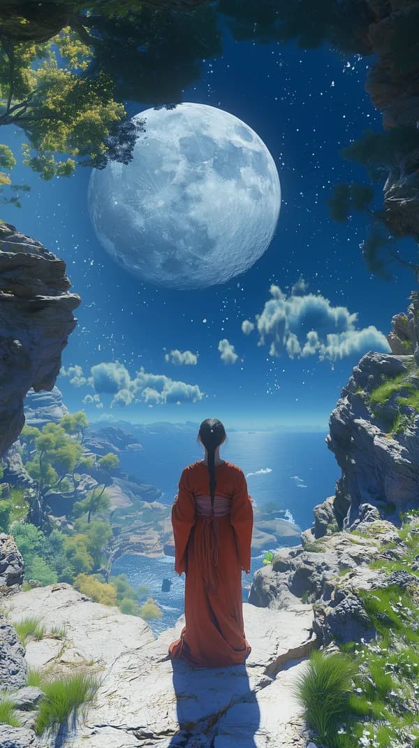 Moonlit cliff overlook with giant moon and tranquil sea - HD Wallpaper, 4k Background Image