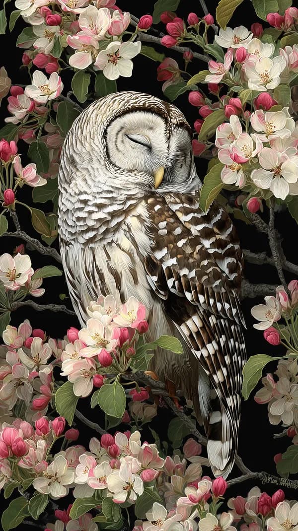 Sleeping Owl Amid Blossoms: Velvet Floral Night Wallpaper - HD Wallpaper, 4k Background Image