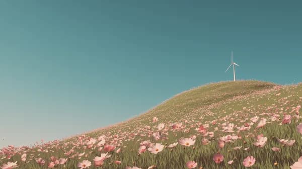 Tranquil Hilltop Bloom Field with a Wind Turbine Scene - HD Wallpaper, 4k Background Image