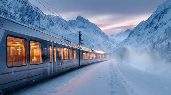 Winter Train Journey Through Snowy Mountains at Sunset - HD Wallpaper, 4k Background Image