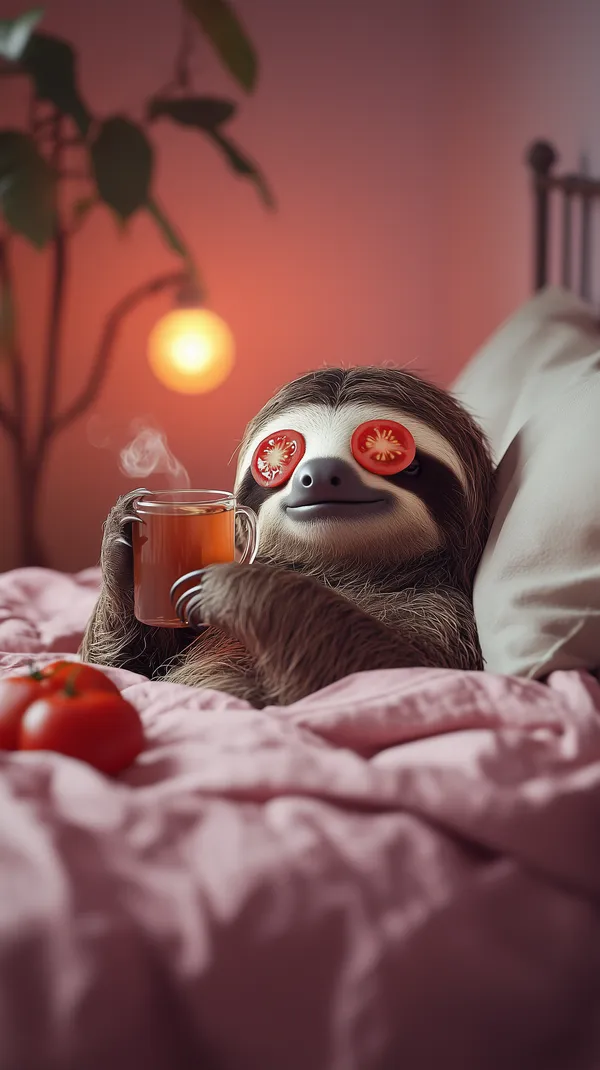 Cozy Sloth in Bed Sipping Tea with Tomato Slice Eyes - HD Wallpaper, 4k Background Image