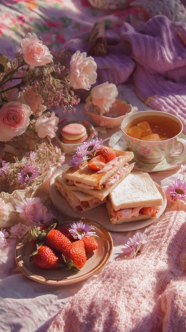 Pastel Tea Party Picnic with Roses and Sandwiches in Soft Light - HD Wallpaper, 4k Background Image