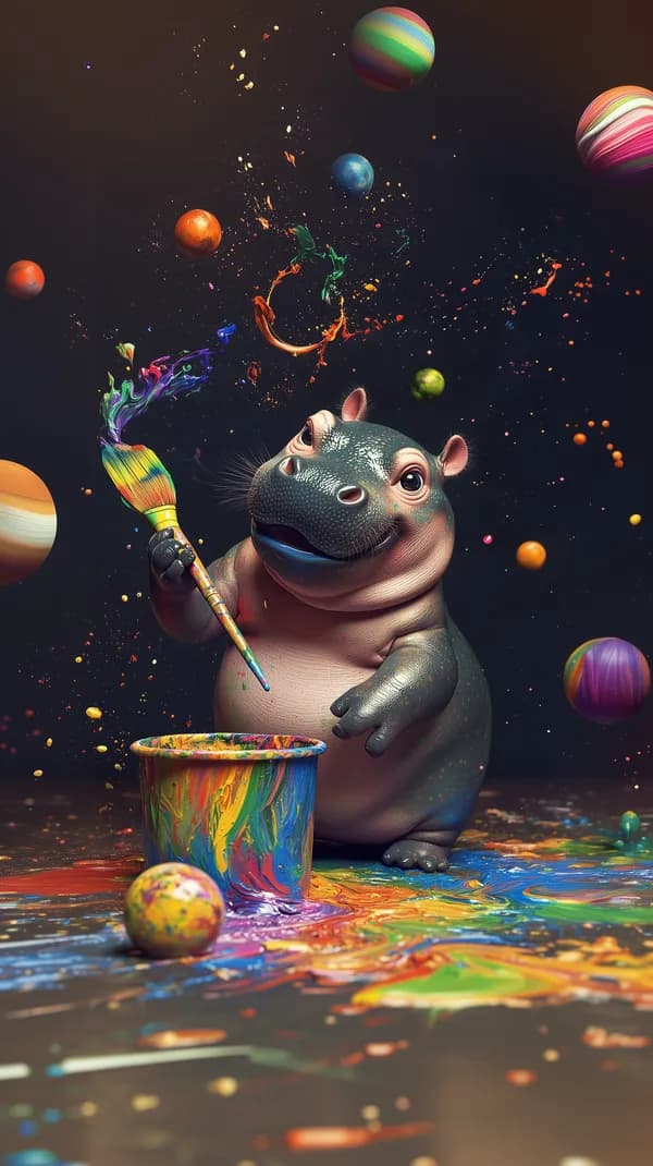 Whimsical Hippo Artist Painting in Colorful Cosmic Space - HD Wallpaper, 4k Background Image