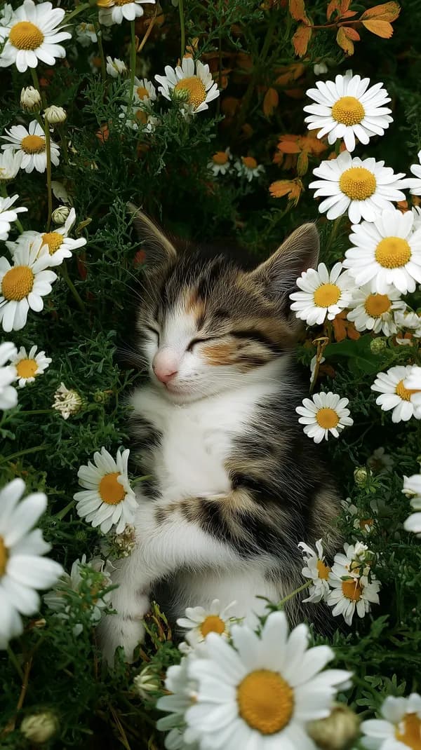 Serene Sleeping Kitten Nestled Among White Daisies in Sunlit Garden - HD Wallpaper, 4k Background Image