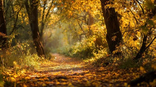Golden Autumn Forest Path Wallpaper - Sunlit Fall Trail - HD Wallpaper, 4k Background Image