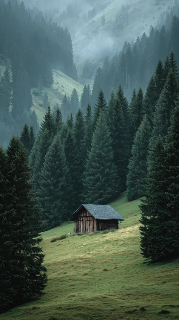 Serene Alpine Forest Cabin Amid Misty Peaks and Evergreen Trees - HD Wallpaper, 4k Background Image