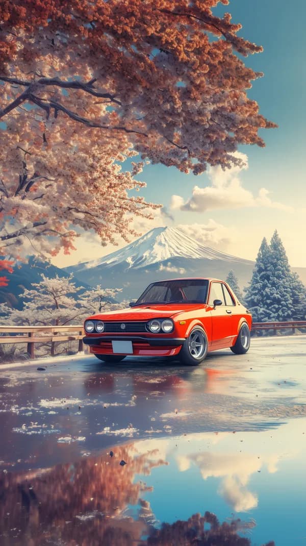 Vibrant Red Vintage Car Amid Snowy Mountain Landscape - HD Wallpaper, 4k Background Image