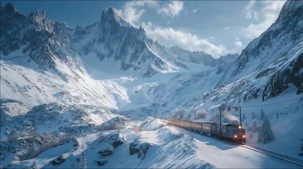Dreamy Snowy Mountain Train Scene - Alpine Winter Landscape - HD Wallpaper, 4k Background Image