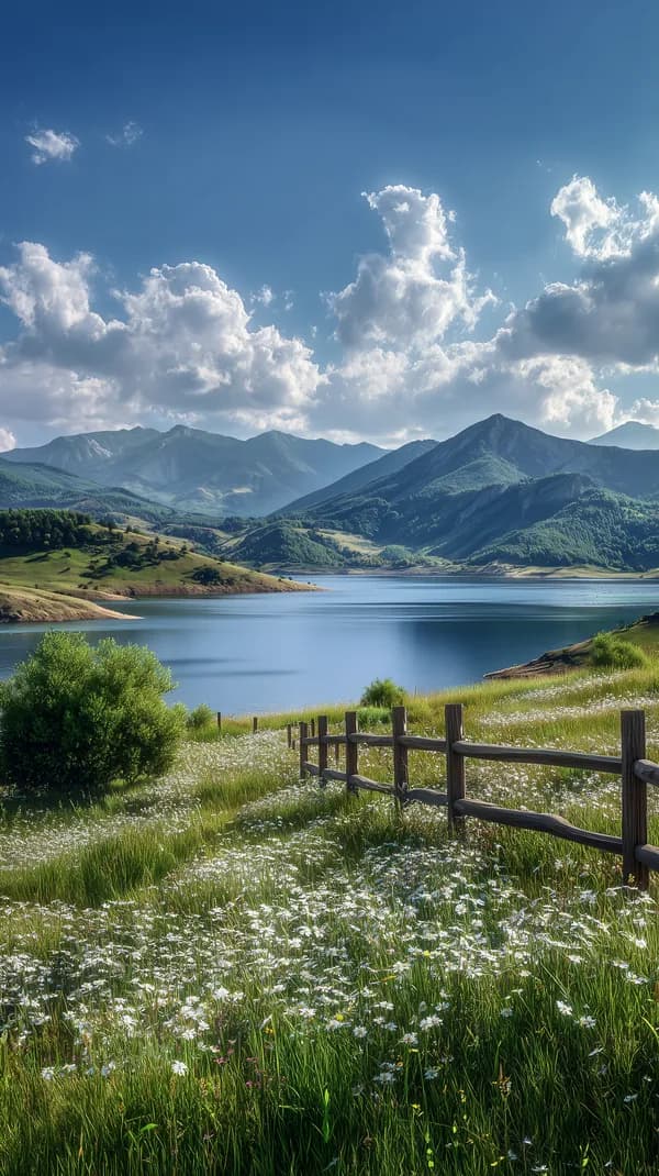 Serene Mountain Lake Panorama with Meadow and Fence - HD Wallpaper, 4k Background Image