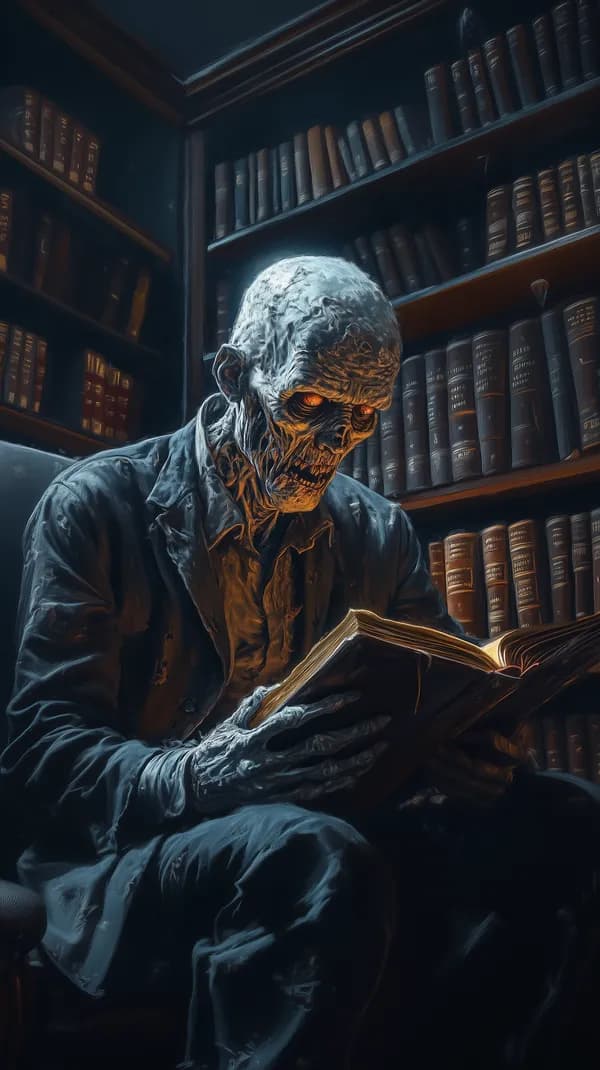 Haunted Library: Undead Librarian Reading a Book in Shadows - HD Wallpaper, 4k Background Image