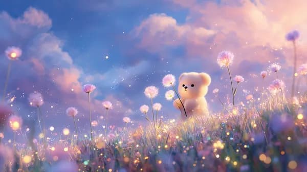 Dreamy pastel meadow wallpaper with a cute teddy bear - HD Wallpaper, 4k Background Image
