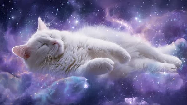 Dreamy Space Cat Drifting Through Nebula Clouds and Stars - HD Wallpaper, 4k Background Image