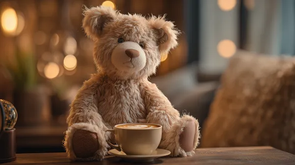Cozy Teddy Bear with Coffee Cup — Warm Ambient Wallpaper - HD Wallpaper, 4k Background Image