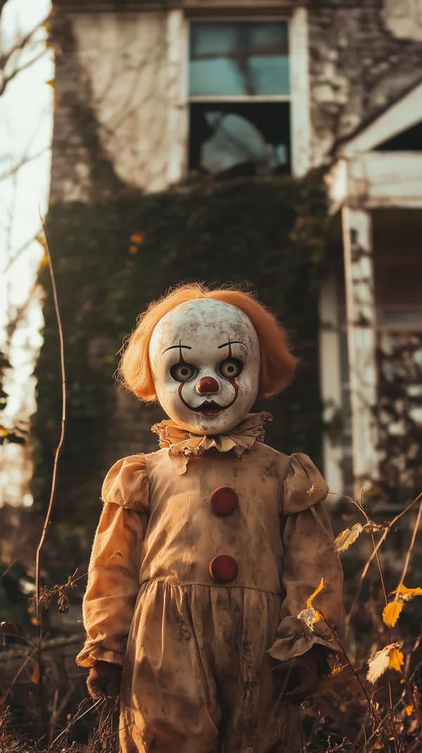 Eerie Clown Doll in Overgrown Abandoned House Setting - HD Wallpaper, 4k Background Image
