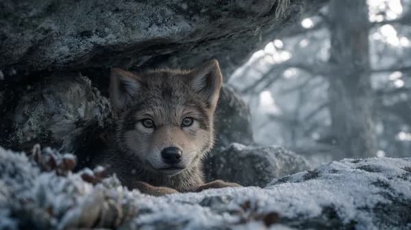 Winter Wolf Pup Peeking from Snowy Rocks – Nature Wallpaper - HD Wallpaper, 4k Background Image