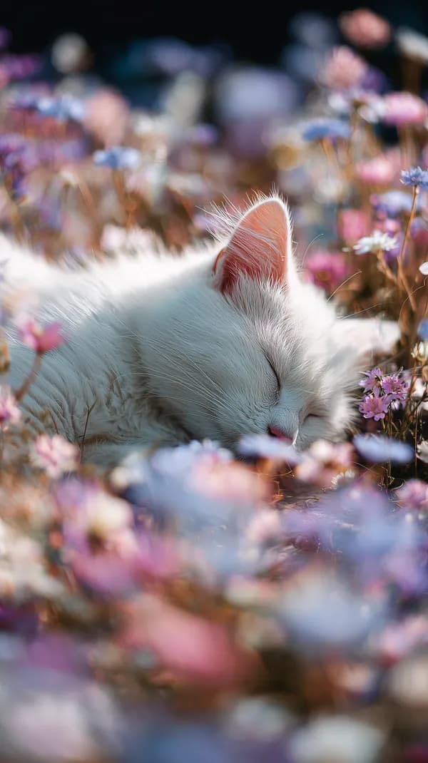 Serene white cat sleeping among pastel flowers in sunlight - HD Wallpaper, 4k Background Image