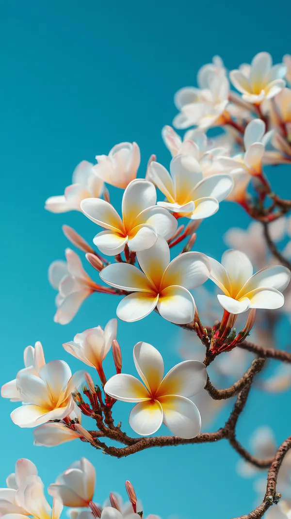Plumeria Flowers on Branches Against Turquoise Sky Wallpaper - HD Wallpaper, 4k Background Image