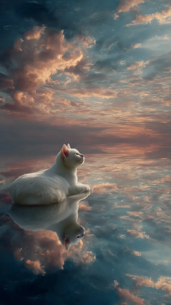 Dreamy White Cat Reflection on a Calm Sunset Sky Over Water - HD Wallpaper, 4k Background Image