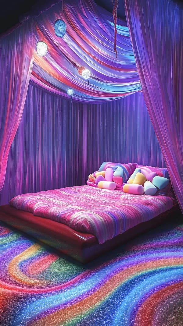 Dreamy Neon Rainbow Bedroom with Candy Pillows and Draped Canopy - HD Wallpaper, 4k Background Image