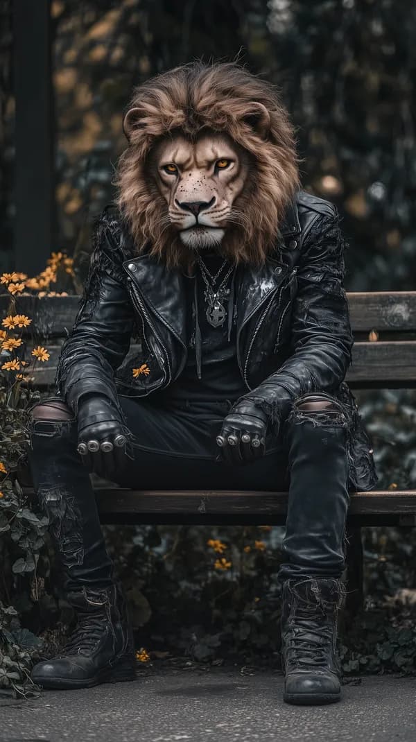 Moody lion-head masked figure in leather jacket on bench - HD Wallpaper, 4k Background Image