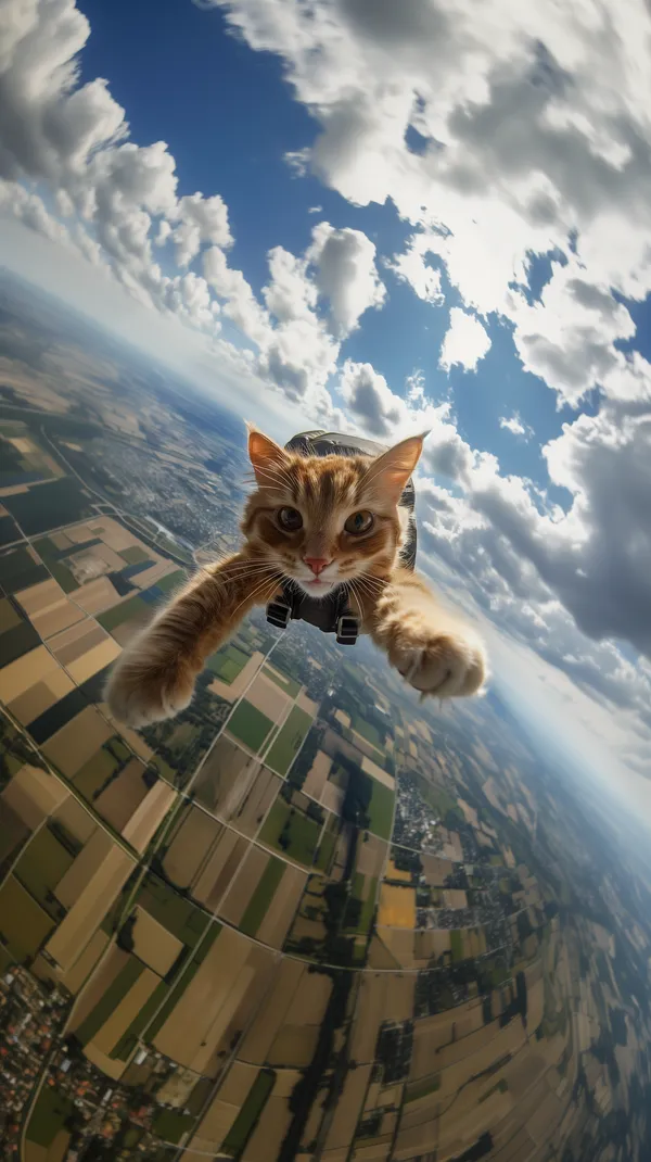 Feline Skydiver over Patchwork Fields - Desktop Wallpaper - HD Wallpaper, 4k Background Image