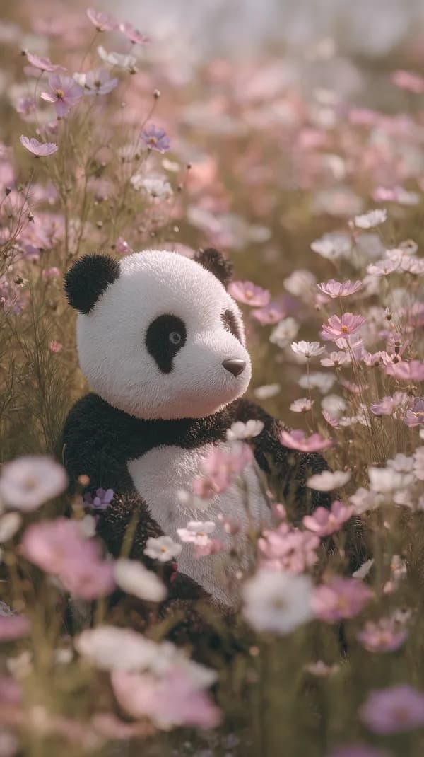 Dreamy Soft Plush Panda in a Pink Flower Field Wallpaper - HD Wallpaper, 4k Background Image