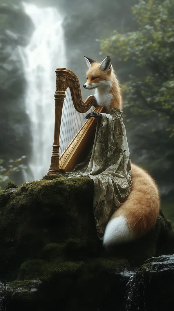 Whimsical Fox Playing Harp in a Misty Forest - Fantasy Wallpaper - HD Wallpaper, 4k Background Image