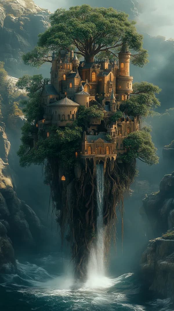 Enchanted Treecastle on a Floating Island with Waterfall at Dusk - HD Wallpaper, 4k Background Image