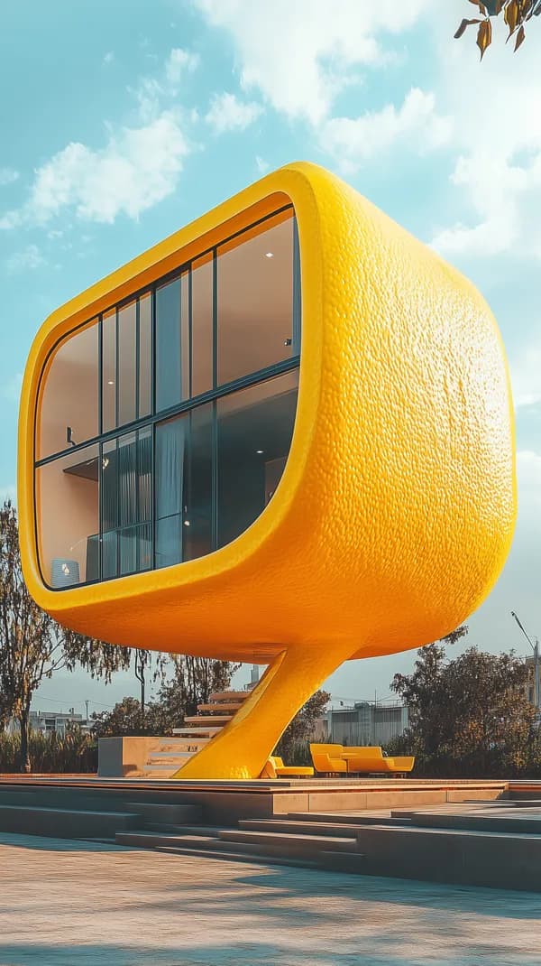 Vibrant Yellow Pod House with Modern Glass Architecture - HD Wallpaper, 4k Background Image
