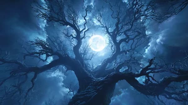 Moonlit Blue Night Scene with Ancient Tree Silhouette - HD Wallpaper, 4k Background Image