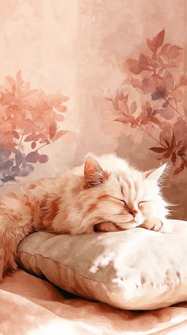 Pastel Cat Sleeping on Soft Pillow – Cozy Floral Wallpaper - HD Wallpaper, 4k Background Image