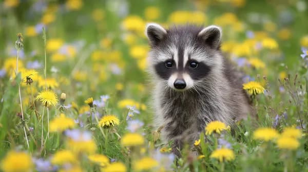 Adorable raccoon cub exploring a sunny field of wildflowers - HD Wallpaper, 4k Background Image