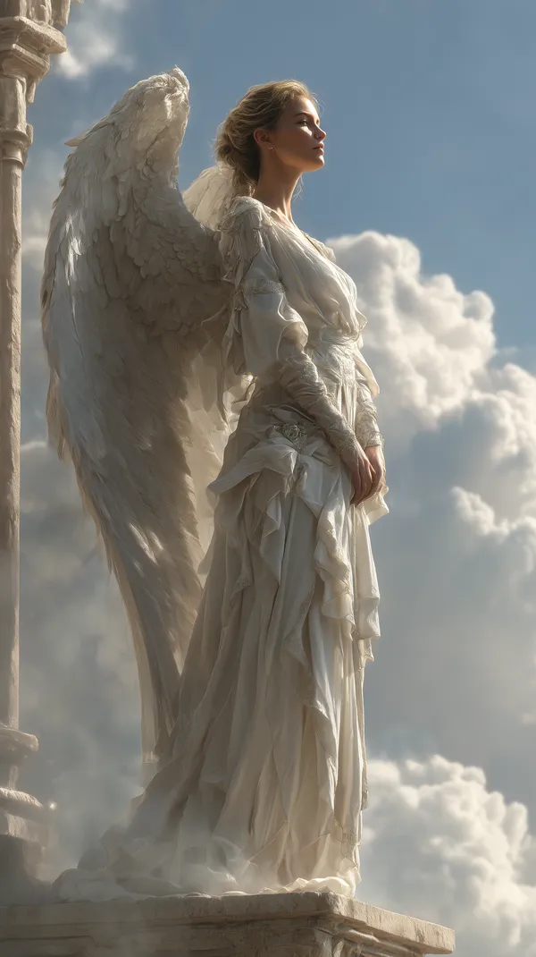 Ethereal Angel in White Gown on Cloudy Sky Balcony - HD Wallpaper, 4k Background Image