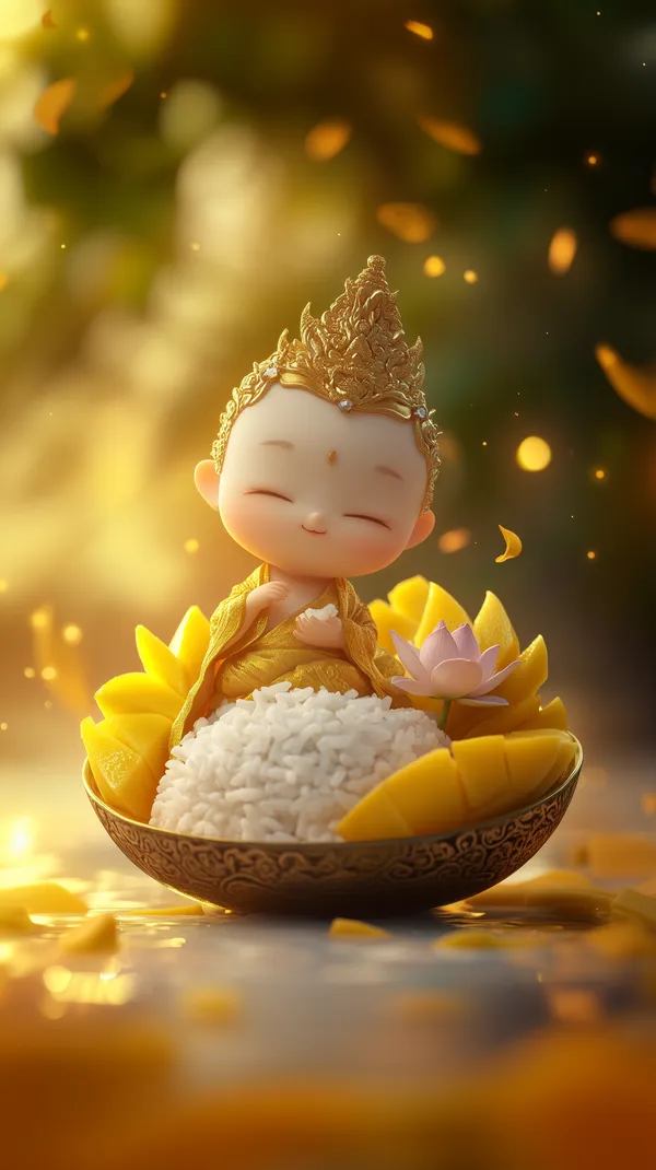 Golden Baby Monk Figurine in Rice Bowl with Lotus Motif, Dreamy Glow - HD Wallpaper, 4k Background Image