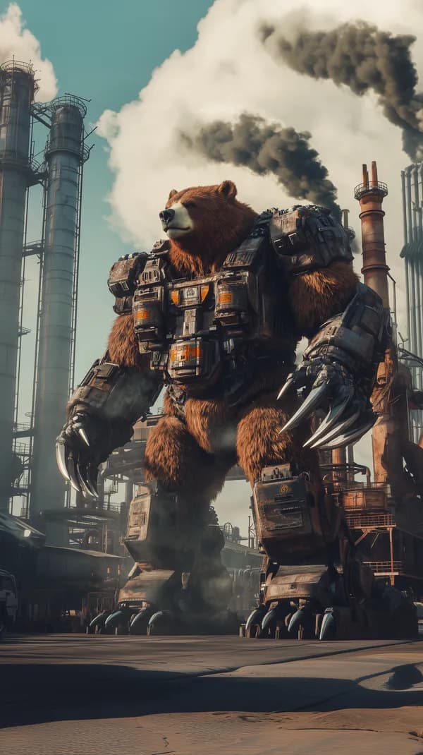 Colossal Mech Bear Roams an Industrial Factory Landscape - HD Wallpaper, 4k Background Image