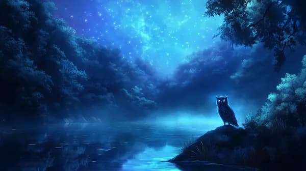 Moonlit Forest Lake: Mystic Owl Under Blue Night Sky - HD Wallpaper, 4k Background Image