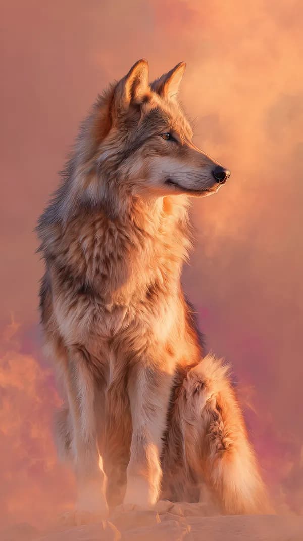 Golden Hour Wolf Portrait in Dreamy Sunset Fog, Atmospheric Lighting - HD Wallpaper, 4k Background Image