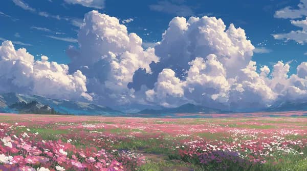 Dreamy Meadow Field with Pink Flowers under Puffy Clouds - HD Wallpaper, 4k Background Image
