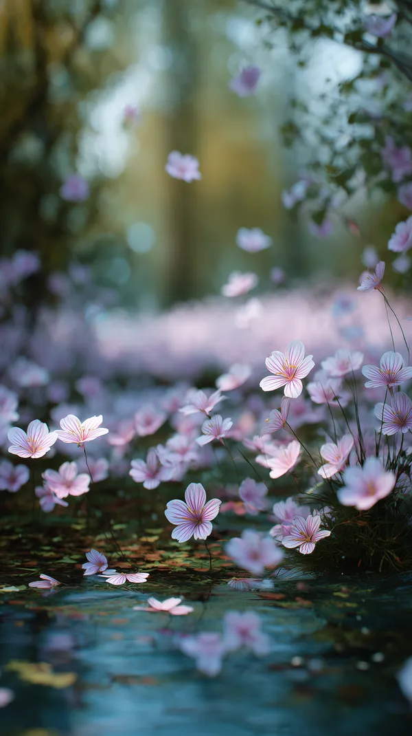Dreamy Pink Petal Field on Water with Soft Bokeh in a Misty Forest - HD Wallpaper, 4k Background Image
