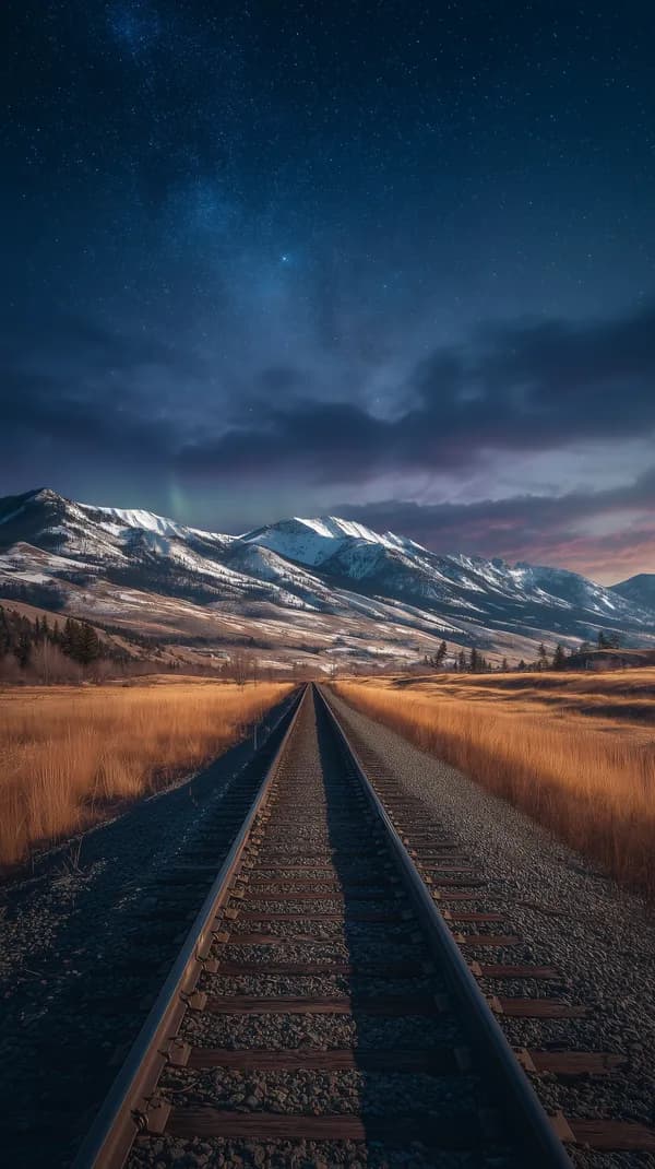 Moonlit Mountain Railway Under Starry Night Sky with Aurora - HD Wallpaper, 4k Background Image