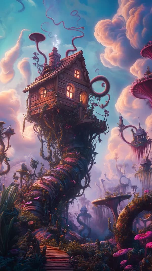 Whimsical Treehouse Village in a Vibrant Fantasy Sky - HD Wallpaper, 4k Background Image