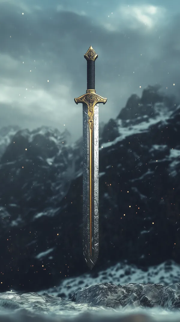 Enchanted Snow Sword in Majestic Mountain Landscape - HD Wallpaper, 4k Background Image